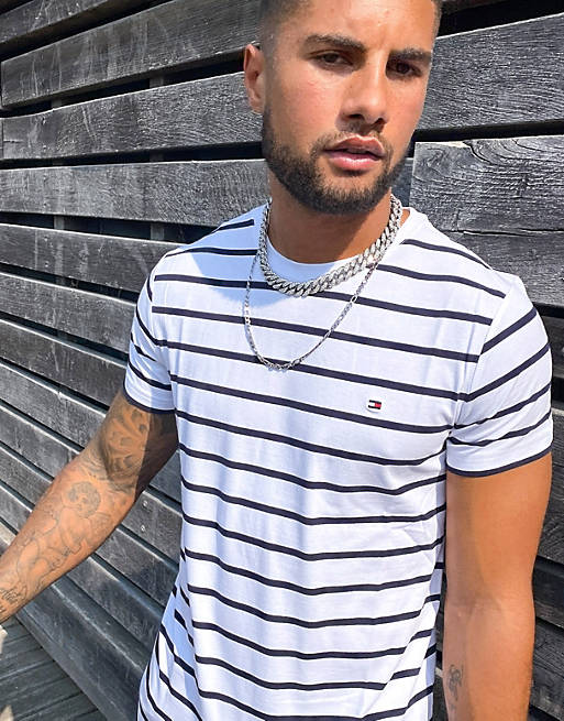 Forge Mosque steel Tommy Hilfiger icon logo stripe slim fit t-shirt in white | ASOS