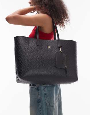 Tommy Hilfiger Icon Monogram Print Leather Tote Bag In Black