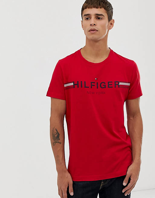 Tommy Hilfiger icon stripe chest logo t-shirt in red | ASOS