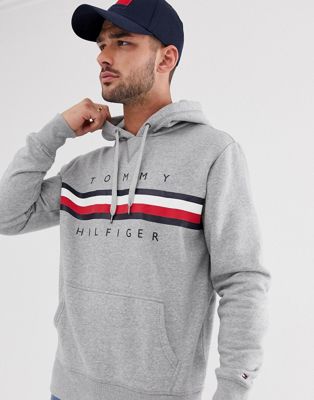 tommy hilfiger icon stripe logo print hoodie in grey marl