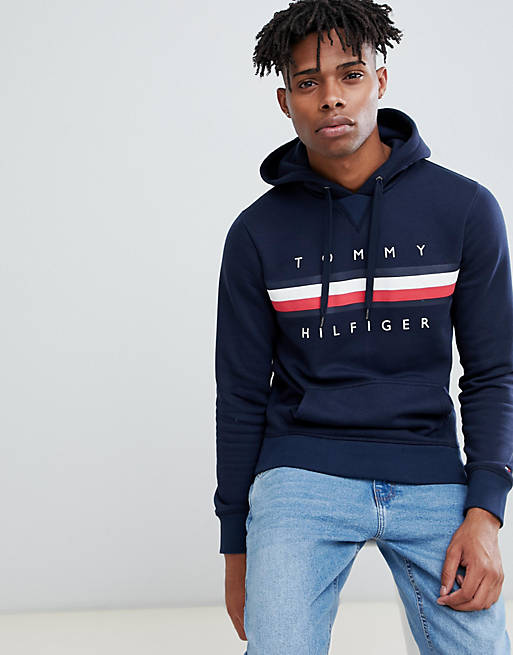 Tommy Hilfiger Icon stripe logo print hoodie in navy | ASOS