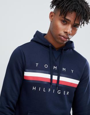 tommy hilfiger icon stripe logo print hoodie in grey marl