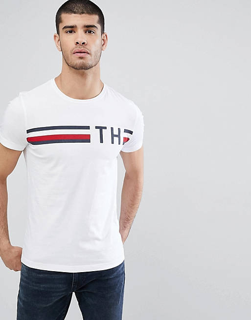 Tommy Hilfiger Icon Stripe TH Logo T-Shirt in White | ASOS