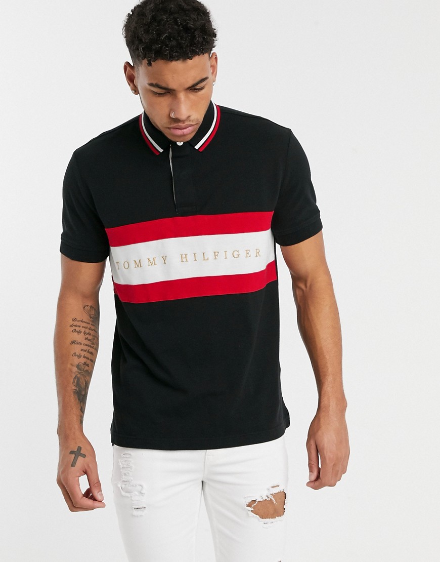 Tommy Hilfiger iconic chest stripe regular fit polo in black
