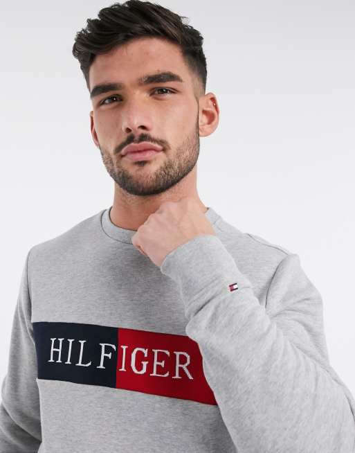 Tommy Hilfiger intarsia chest flag logo insert crew neck sweatshirt in medium grey heather