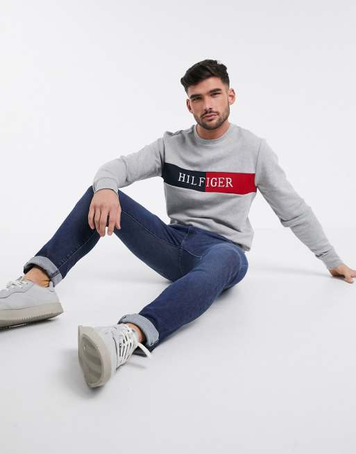 Tommy Hilfiger intarsia chest flag logo insert crew neck sweatshirt in medium grey heather