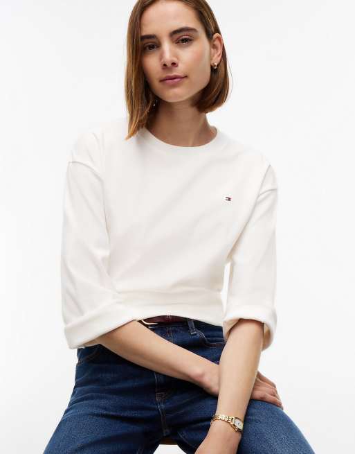 Tommy Hilfiger Interlock knit relaxed long sleeve t-shirt in ecru, 3 of 6