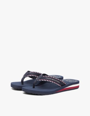  Jacquard webbing strap wedge flip-flops in dark blue