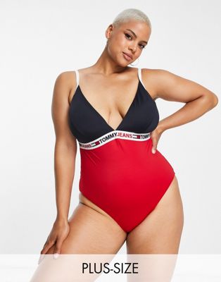 Tommy Hilfiger Jeans Curve triangle swimsuit in red  - ASOS Price Checker