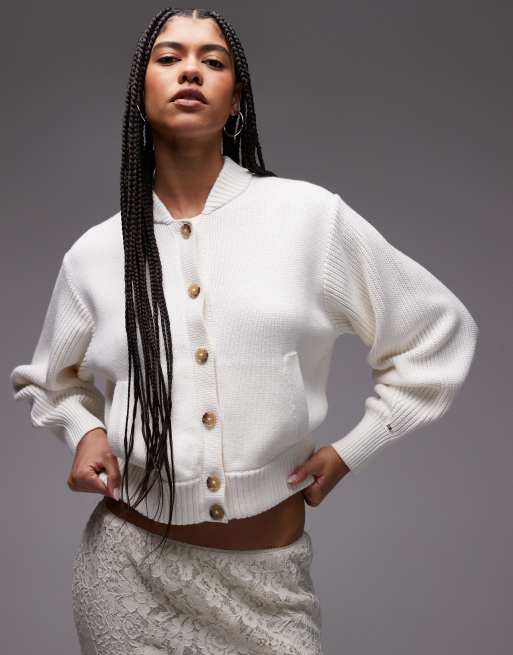 Tommy Hilfiger Jersey balloon sleeve bomber cardigan in dark brown