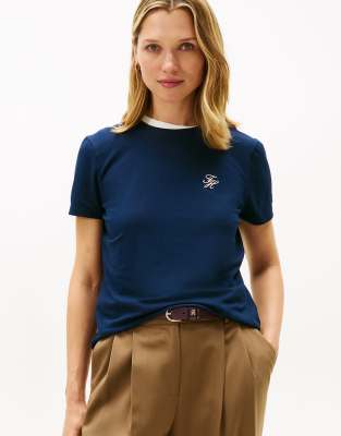 Tommy Hilfiger - Jersey-T-Shirt in Dunkelblau mit Rundhalsausschnitt und Logo-Stickerei