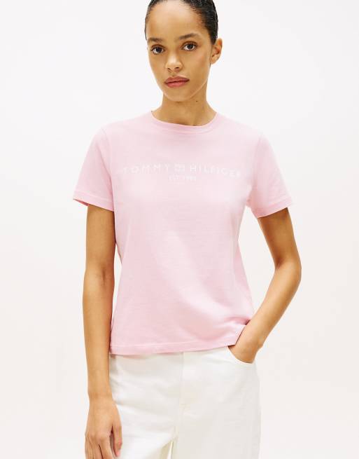 Tommy Hilfiger – Jersey-T-Shirt in Hellrosa mit Rundhalsausschnitt und Logo