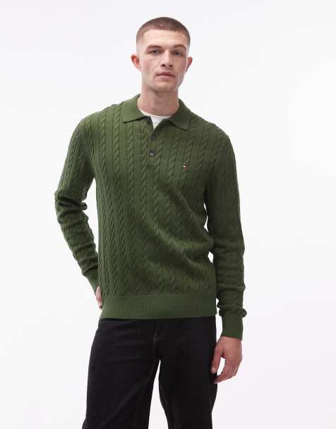 Tommy Hilfiger - Kabelgebreide polotrui met lange mouwen in legergroen - view 1