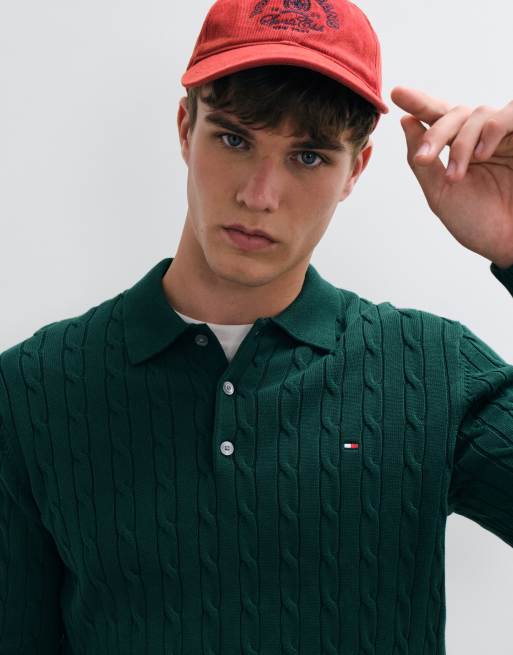 Tommy Hilfiger kabelstrikket langærmet poloskjorte i mørkegrøn, 4 af 5