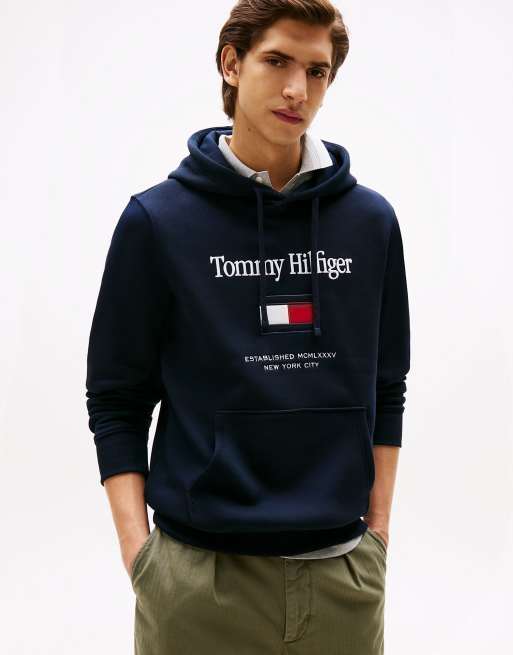 Tommy Hilfiger – Kapuzenpullover aus Flex-Fleece in Dunkelblau mit Logostickerei