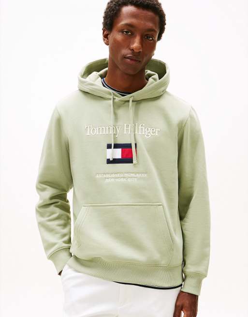 Tommy Hilfiger – Kapuzenpullover aus Flex-Fleece in Hellgrün mit Logostickerei