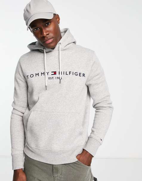 Tommy Hilfiger – Kapuzenpullover in Kalkgrau mit aufgesticktem Flaggenlogo - view 1