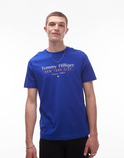 Tommy Hilfiger – Klarblå t-shirt med centrerad, linjär logga, 2 av 4