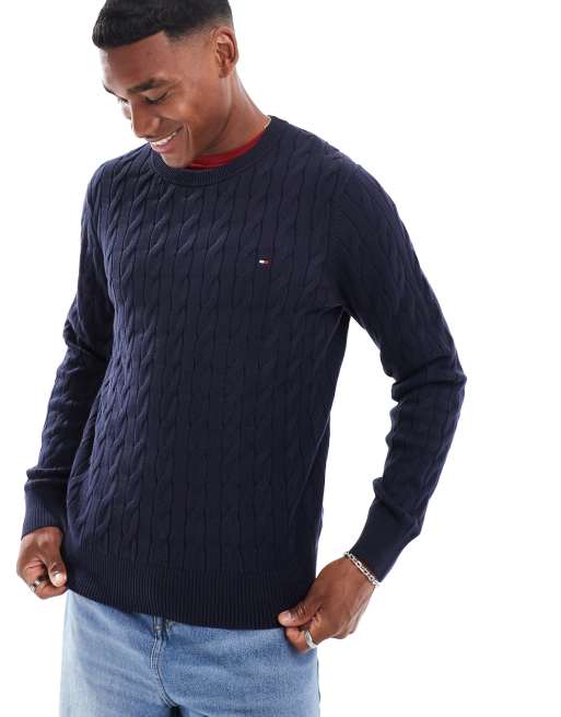 Tommy Hilfiger Klassischer Strickpullover in Marineblau mit Zopfmuster