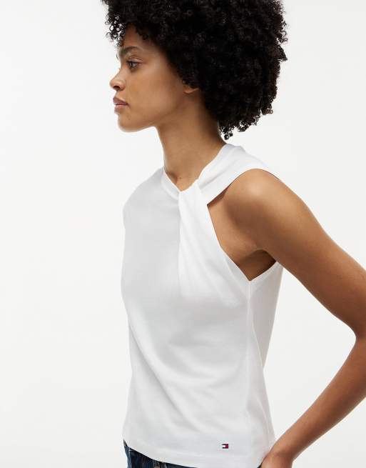 Tommy Hilfiger Knot textured jersey sleeveless top in ecru, 3 of 6