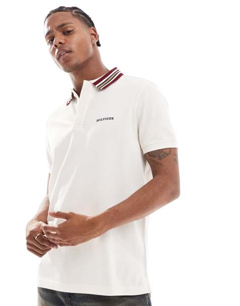 Tommy Hilfiger striped collar polo shirt in off white