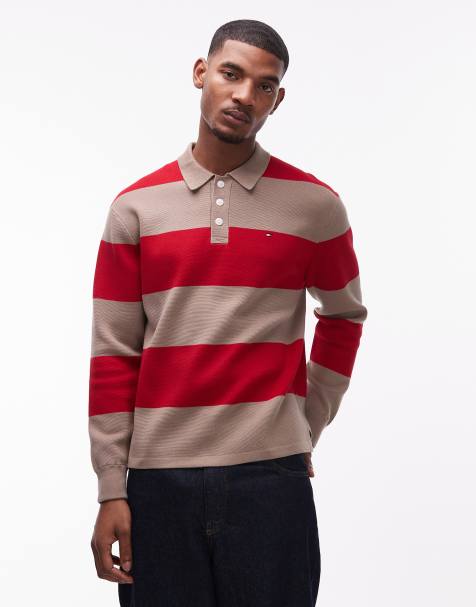 Tommy Hilfiger – Koszulka polo w stylu rugby z długimi rękawami w szerokie pasy w kolorze czerwonym i jasnobrązowym - view 1