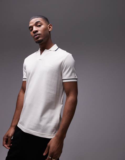 Tommy Hilfiger open collar tipped polo shirt in off white