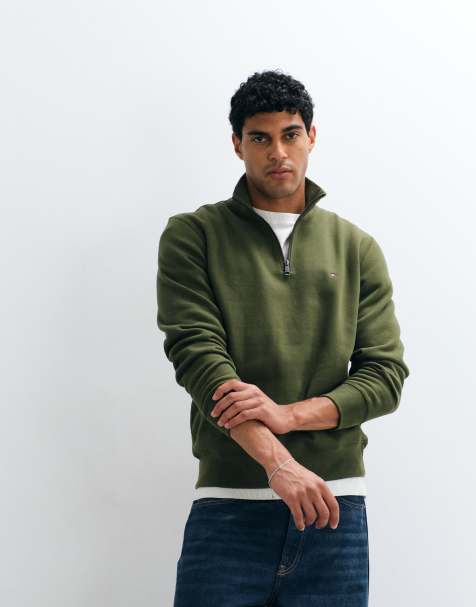 Tommy Hilfiger kraftig sweatshirt med kvartslång dragkedja och flagglogga i khaki - view 1