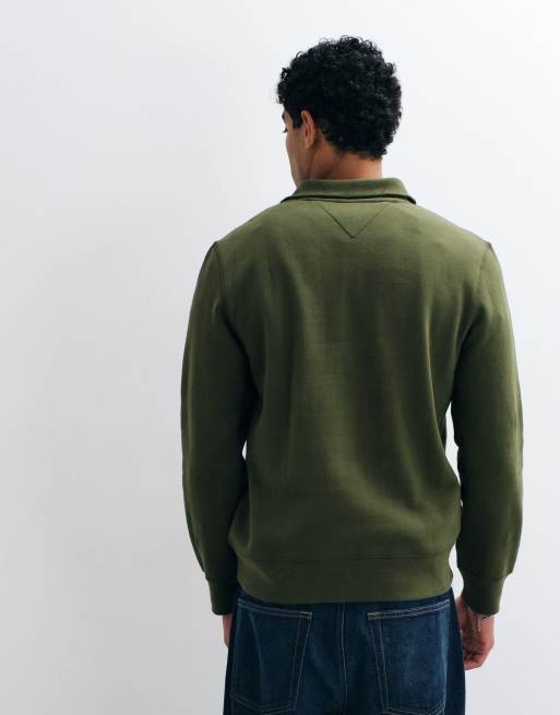 Tommy Hilfiger kraftig sweatshirt med kvartslång dragkedja och flagglogga i khaki, 5 av 5
