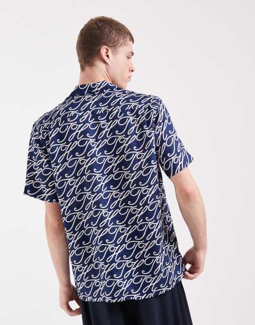 Tommy Hilfiger – Kurzärmliges, gemustertes Hemd aus Leinen in Marineblau mit Kragen, 5 von 5