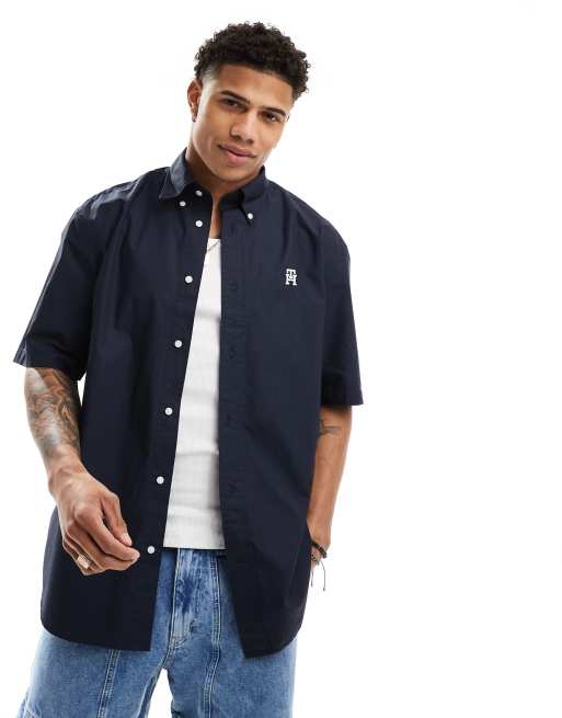Tommy Hilfiger – Kurzärmliges Hemd in Dunkelblau mit regulärer Passform