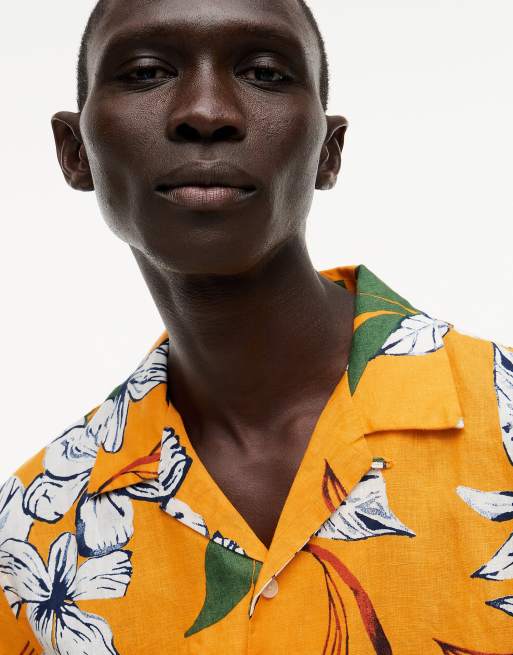 Tommy Hilfiger – Kurzärmliges Leinenhemd in Orange mit regulärer Passform und tropischem Muster, 3 von 6