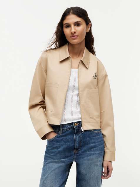 Tommy Hilfiger – Kurze Twill-Jacke in Khaki mit Logo und aufgesetzten Taschen - view 1