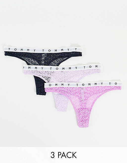 Tommy Hilfiger lace 3 pack thong in navy violet and lilac