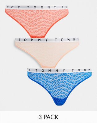 Tommy Hilfiger Lace logo thong 3 pack in blue, coral and peach