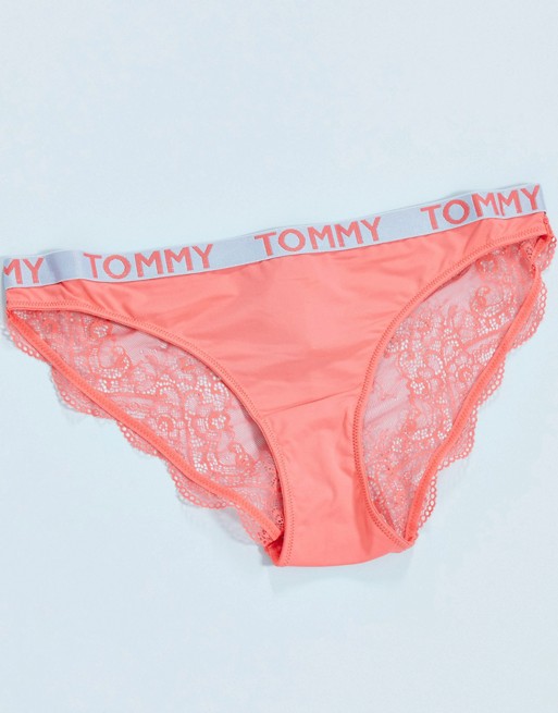 Tommy Hilfiger lace tanga brief with logo banding in coral