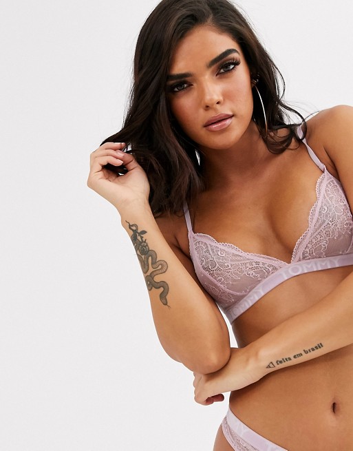 Tommy Hilfiger lace triangle bralette with velvet logo band in lilac