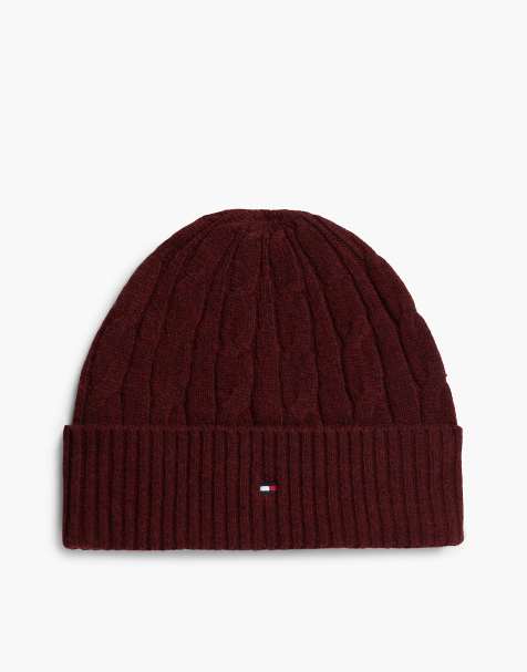 Tommy Hilfiger Lambswool blend cable knit flag beanie in deep burgundy - view 1