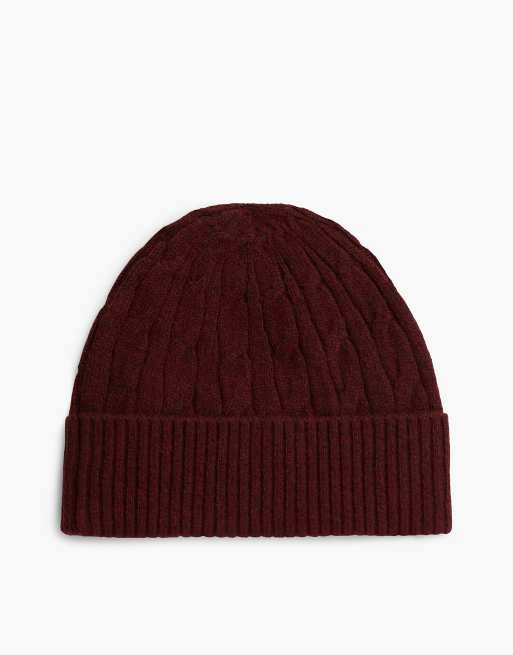 Tommy Hilfiger Lambswool blend cable knit flag beanie in deep burgundy, 2 of 4