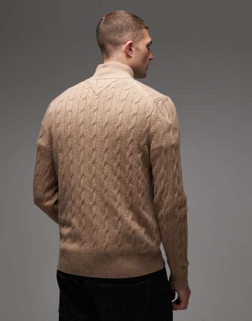 Tommy Hilfiger lambswool cable knit half zip jumper in beige, 3 of 5