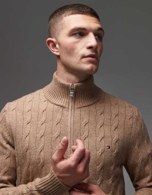 Tommy Hilfiger lambswool cable knit half zip jumper in beige, 5 of 5