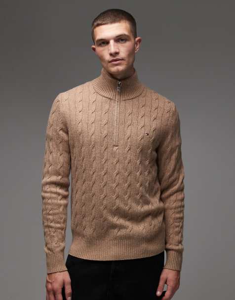 Tommy Hilfiger lambswool cable knit half zip sweater in beige - view 1