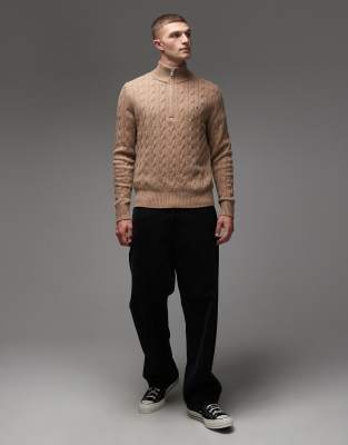 Tommy Hilfiger Lambswool Cable Knit Half Zip Sweater In Brown
