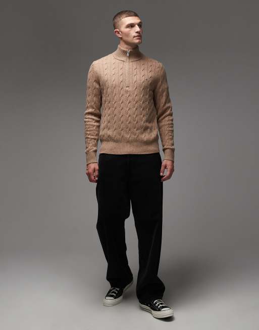 Tommy Hilfiger lambswool cable knit half zip sweater in beige, 2 of 5