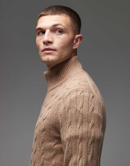 Tommy Hilfiger lambswool cable knit half zip sweater in beige, 4 of 5