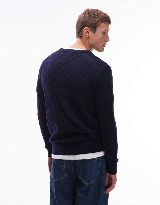 Tommy Hilfiger lambswool cable knit jumper in navy, 3 of 5