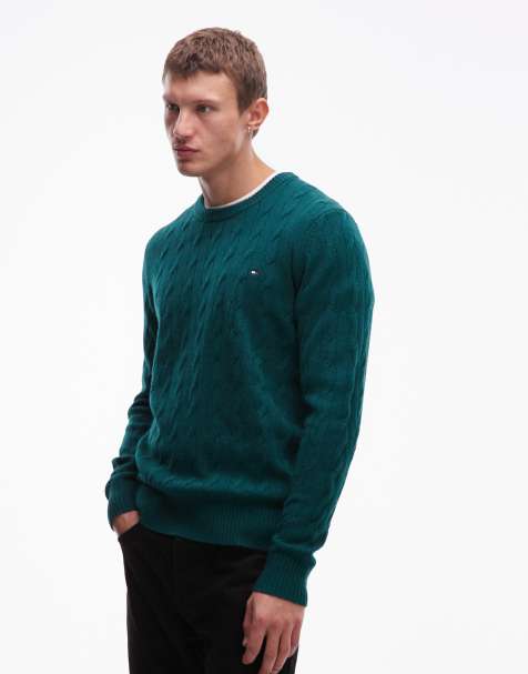 Tommy Hilfiger lambswool cable knit sweater in dark green - view 1