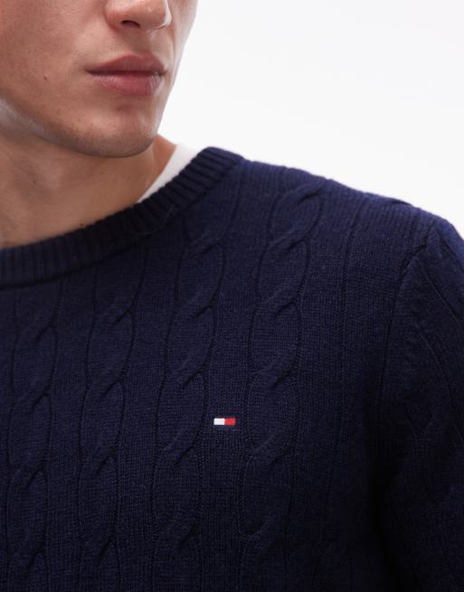 Tommy Hilfiger lambswool cable knit sweater in navy, 4 of 5