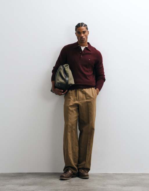 Tommy Hilfiger lambswool long sleeve knit polo shirt in burgundy, 2 of 5