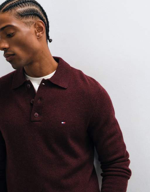 Tommy Hilfiger lambswool long sleeve knit polo shirt in burgundy, 3 of 5